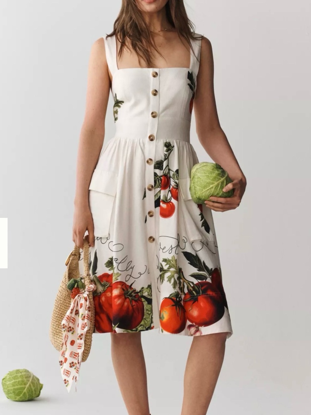 Anthropologie Cream Midi Dress with Red Tomato Print